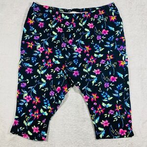 Woman Within Cropped Leggings Women 2X Black Floral Capri Stretch Pants